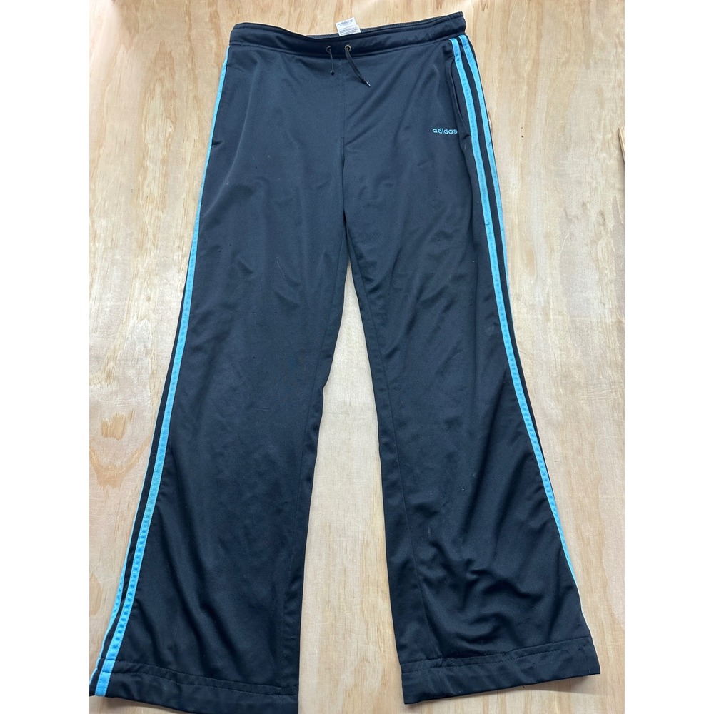 Adidas Kids Black Track Pants Light Blue Stripes Wide Leg Drawstring 625323 M